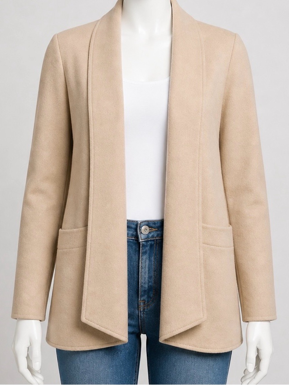 Chico’s Beige Open Front Drape Jacket. Size 2 Tan/Beige Soft brush, with pockets